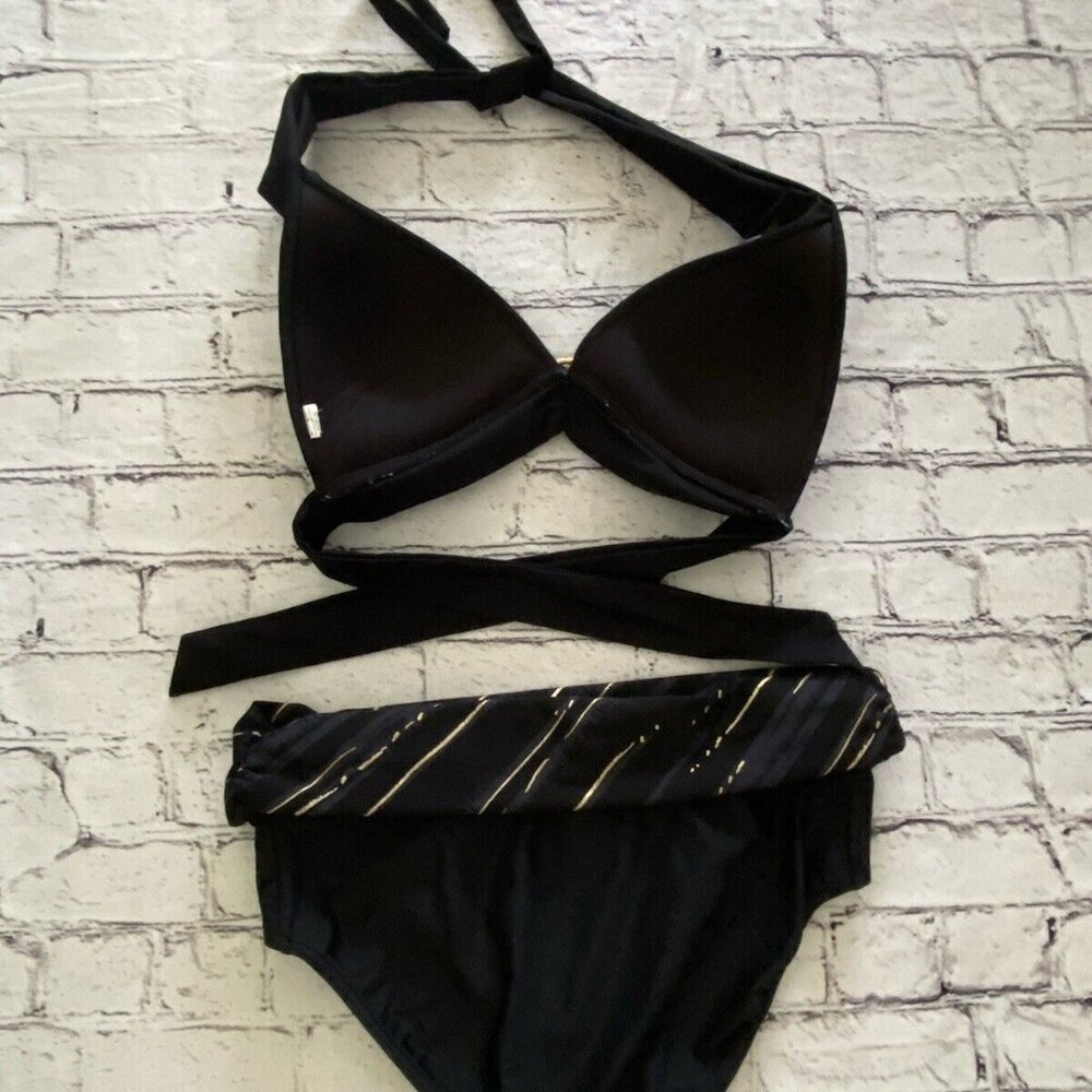 Simon Chang Vintage Black And Gold Bikini Padded Halter Top Size 10 Bond Girl EC - Picture 5 of 16